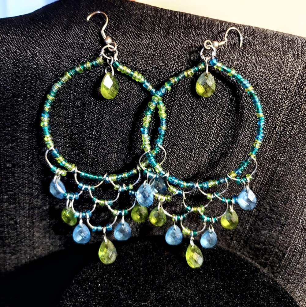 Blue and Green Gem Dangle Hoop Earrings